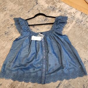 NWT Jessica Simpson Stretch Chambray Eyelet Ruffle Sleeve Violetta Top Size XL